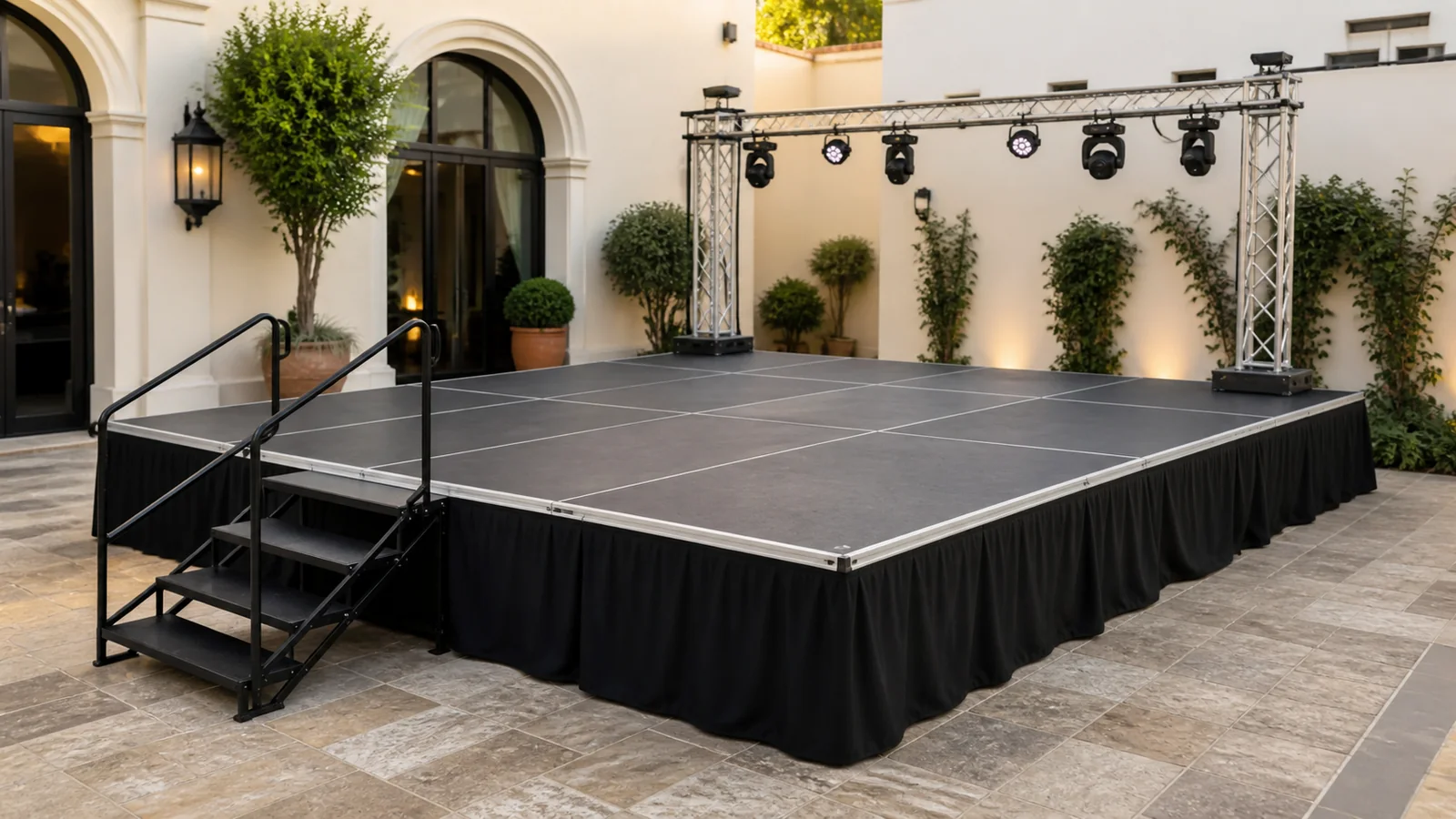 Escenario modular GUIL con faldón, escalera con barandilla y truss de iluminación