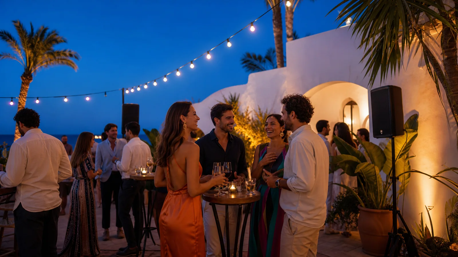 Cóctel nocturno en una terraza junto al mar con sonido e iluminación de ambiente
