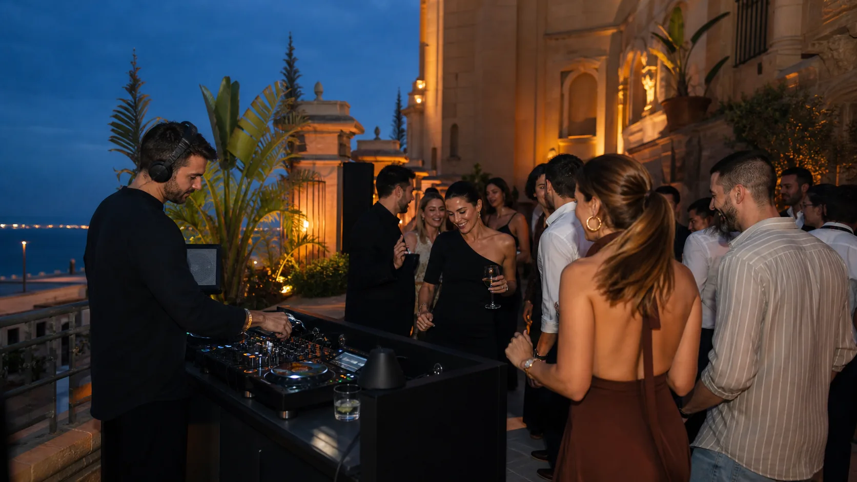 DJ y cóctel en una terraza junto al mar durante un evento nocturno