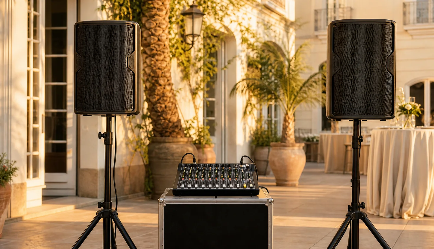 Dos altavoces sobre trípode y mesa de mezclas montados en una terraza