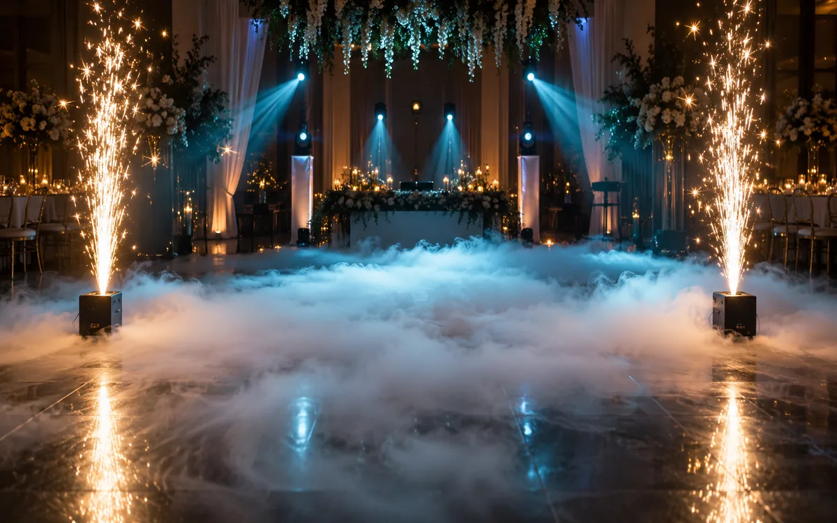Efecto de niebla baja iluminado durante el primer baile de una boda
