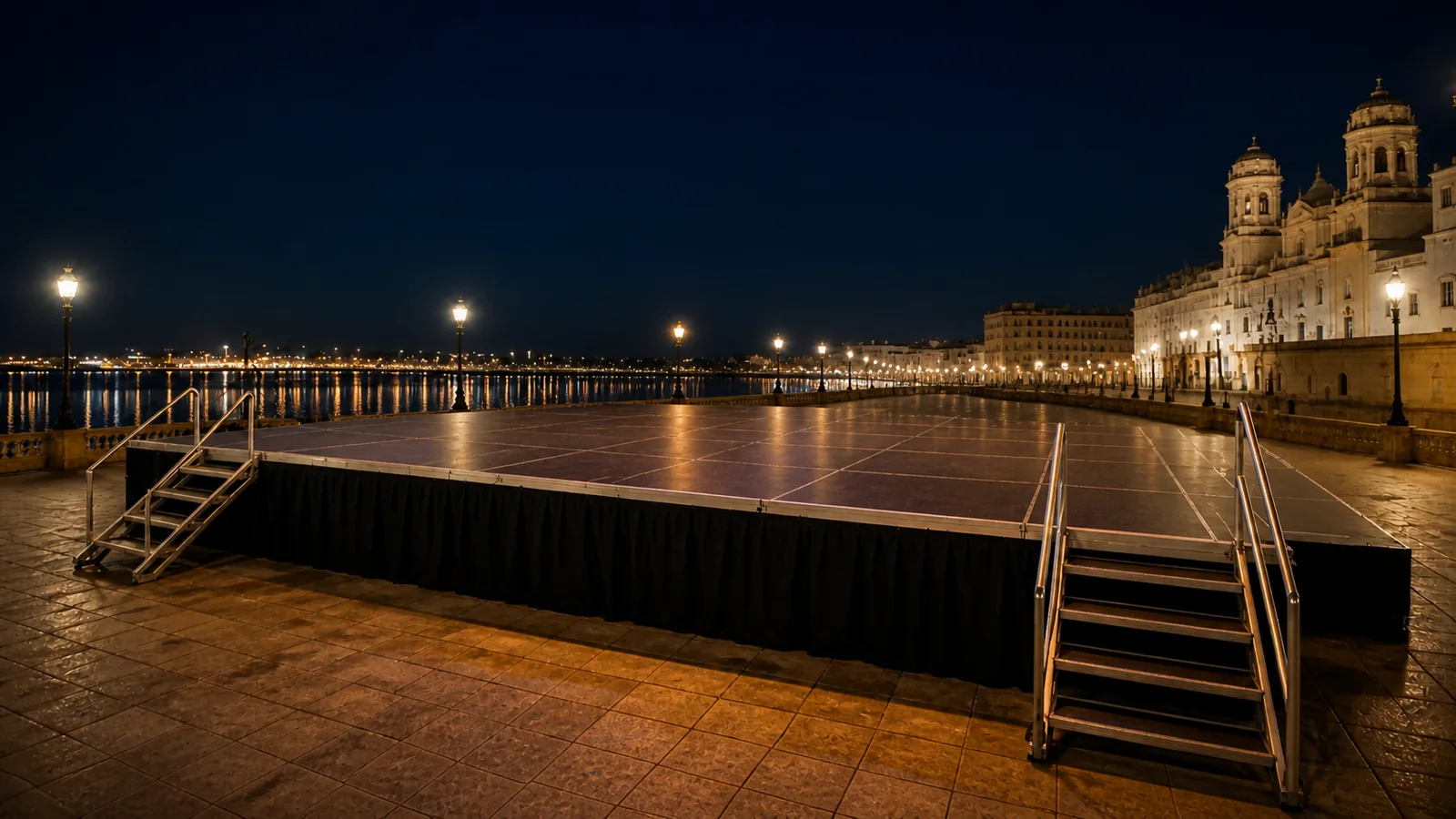Escenario modular con faldón y escaleras montado de noche en el paseo marítimo de Cádiz