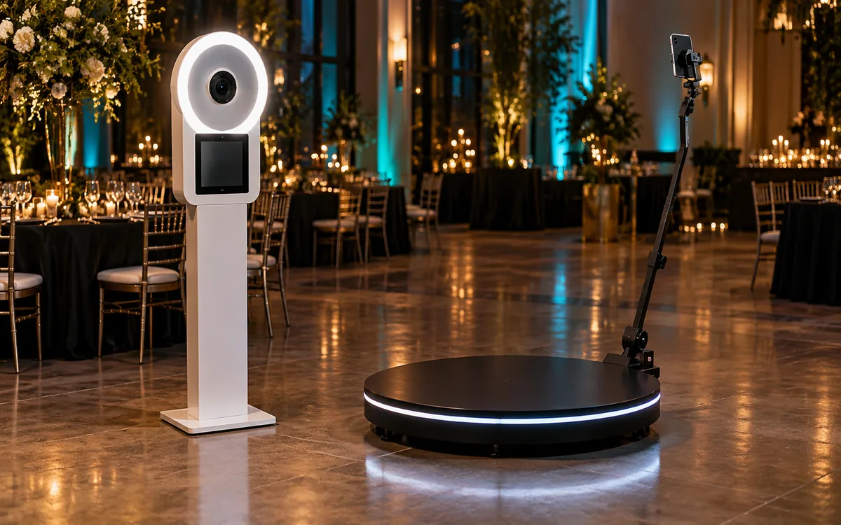Invitados grabando un vídeo sobre una plataforma 360 en una fiesta