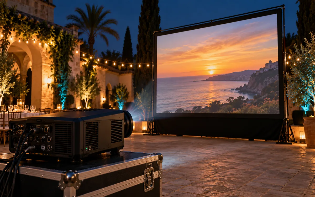 Proyector y pantalla instalados para una presentación
