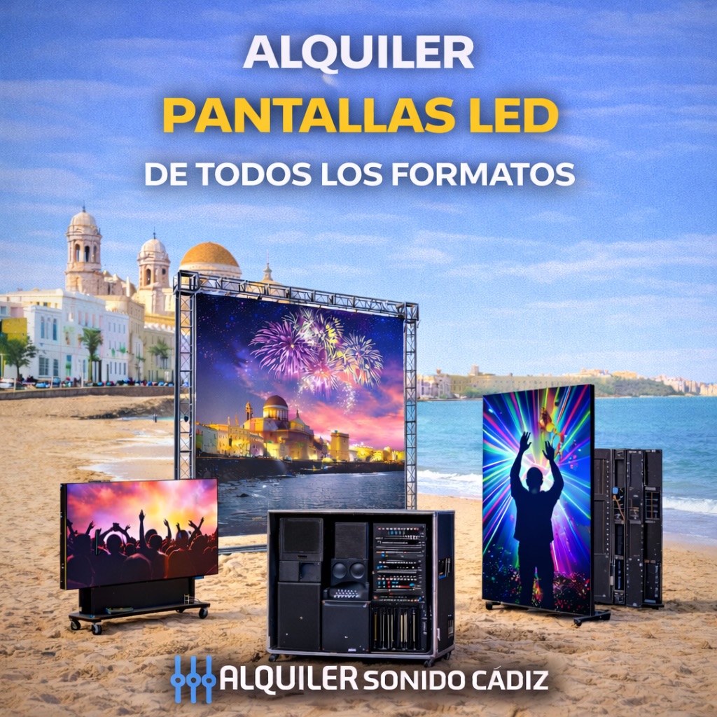 📺 ALQUILER DE PANTALLAS LED
De todos los formatos · Incluidas las playas de Cádiz

En Alquiler Sonido Cádiz ofrecemos pantallas LED profesionales para todo tipo de eventos, adaptándonos a cualquier espacio y formato, incluso en playas y exteriores.

Ideales para:
• Conciertos y escenarios
• Eventos corporativos
• Cine de verano
• Bodas y celebraciones
• Eventos en playas y espacios abiertos

✨ Pantallas LED de alta luminosidad
✨ Formatos grandes, móviles, verticales y horizontales
✨ Perfectas para interior y exterior
✨ Montaje y soporte técnico incluidos

Haz que tu evento se vea a lo grande.

📞 622 290 586
🌐 www.alquilersonidocadiz.com

Reserva con antelación y asegura disponibilidad.